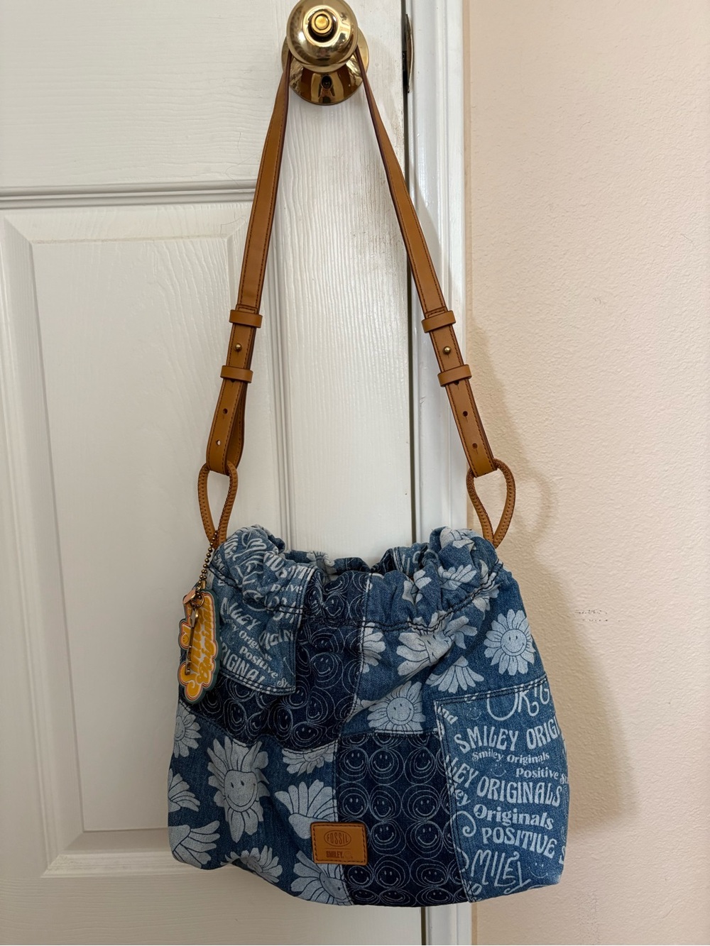 Fossil Smiley Originals Denim Drawstring Shoulder Bag